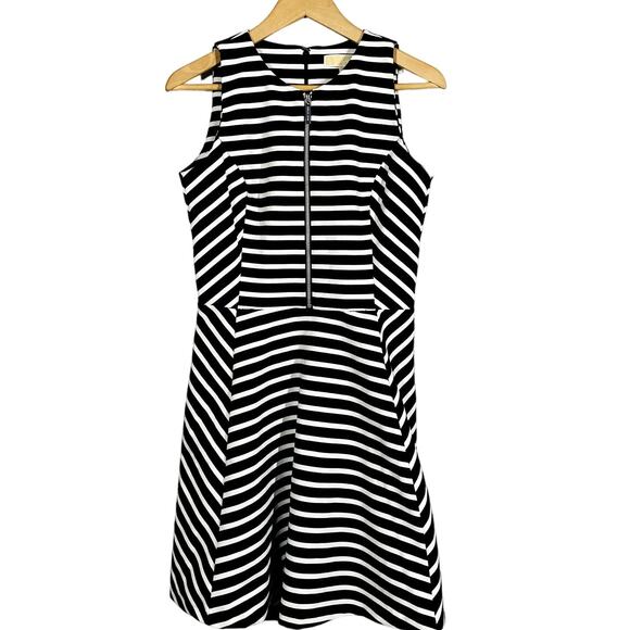 Michael Kors Striped Zip Front Fit & Flare Dress Black White Sleeveless Casual 6 - Picture 1 of 5